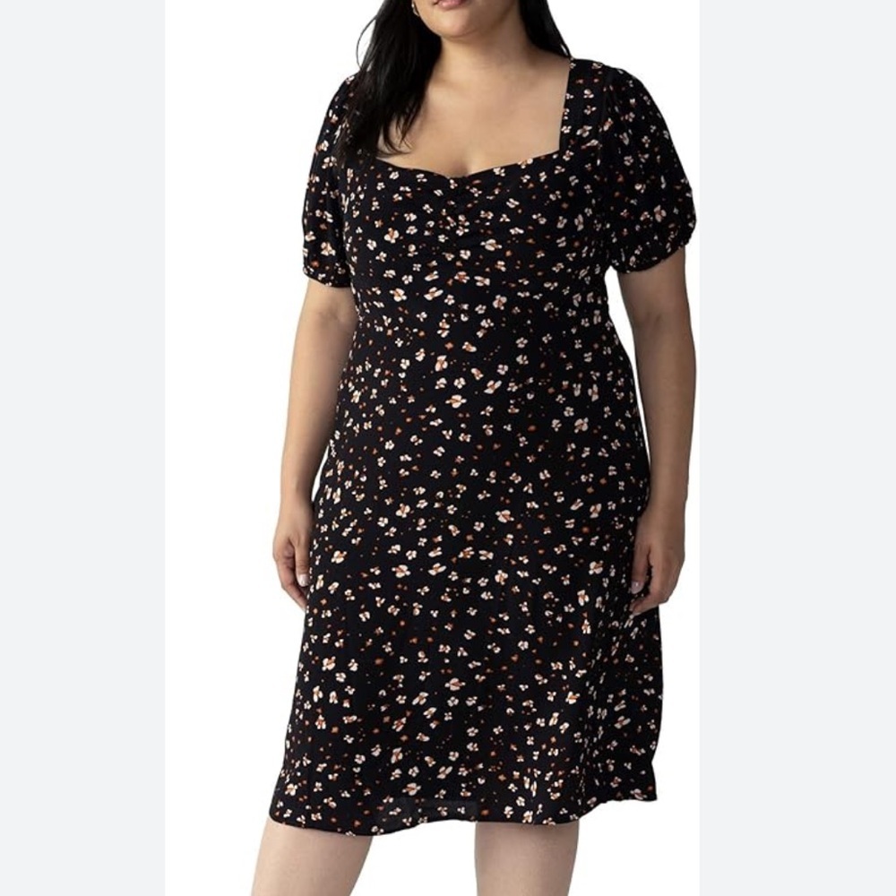 Sanctuary Sweetheart-Neck Puff-Sleeve Midi Dress‎ floral black plus size 20W NWT